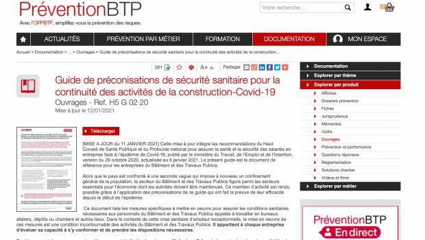 Covid : 9e version du guide de préconisations sanitaires de l'OPPBTP