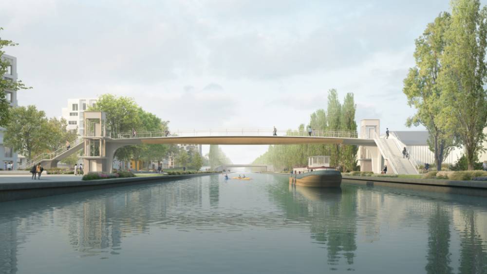 Une passerelle bois-béton sur le canal de l’Ourcq à Bondy