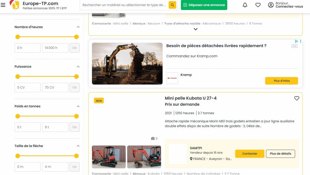 Selon Europe-TP, Kubota reste la marque n°1 des recherches en mini-pelles d'occasion